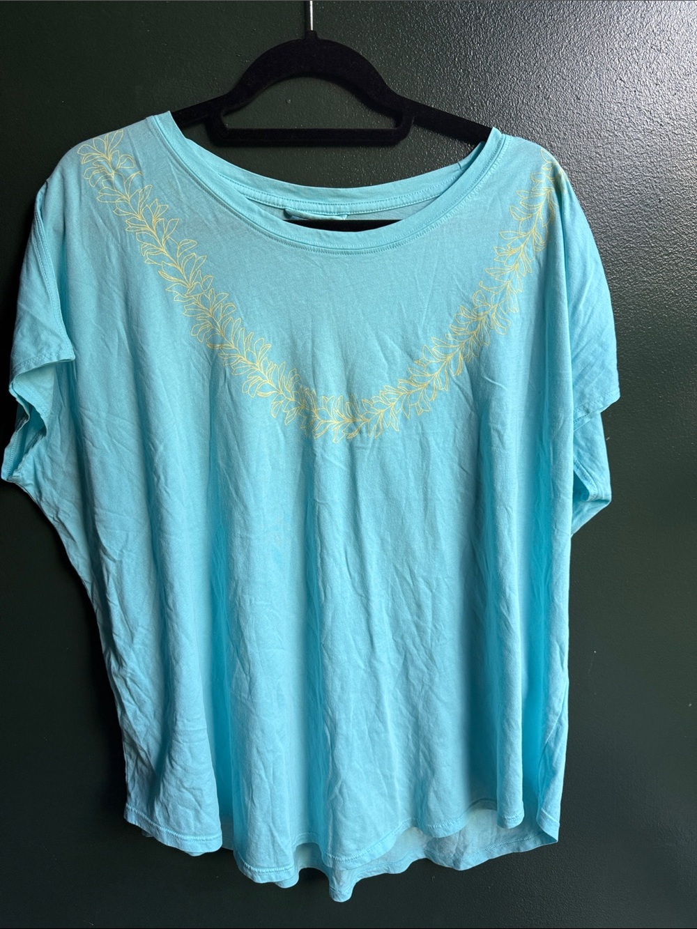 Women’s Light Blue Scoop Neck Tee with Yellow Embroidered Detail